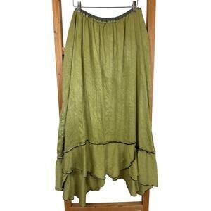 Cynthia Ashby Green Silk Stretch Waist Ruffled Contrast Maxi Skirt XL